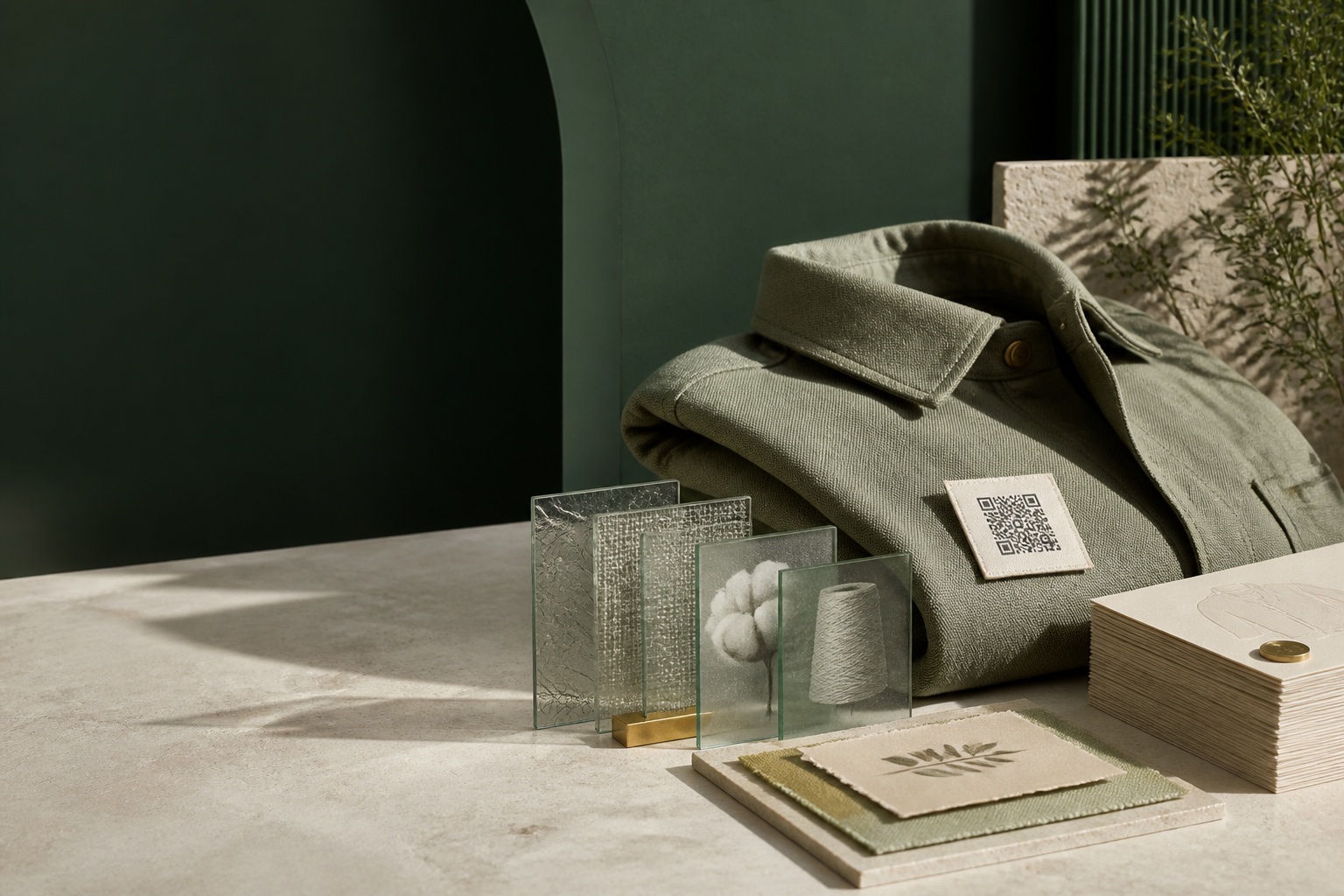 Folded apparel with a QR label, material samples and product data cards